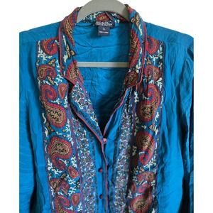 Lucky Brand XL Blue‎ Paisley Silk Button Down Top Women's XL Long Sleeve India